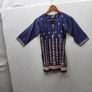 Navy Blue Embroidered 3/4 Sleeve Tunic Top Made In Pakistan